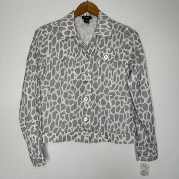 Pure Amici Button-up Jacket XS Gray White Animal Print 100% Linen - Picture 1 of 10